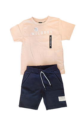 Conjunto Infantil Masculino com Camiseta Manga Curta Bege e Bermuda Preta em Moletinho TMX