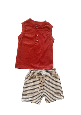 Conjunto Infantil Masculino com Camiseta Regata cor Telha e Bermuda Moletinho Listrada TMX