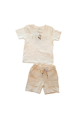 Conjunto Infantil Masculino com Camiseta Branca Estampa Cachorro Skatista e Bermuda em Moletinho Cru TMX