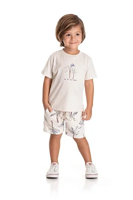 Conjunto Infantil Masculino com Camiseta em Meia Malha Cor Offwhite Estampa Coqueiro e Bermuda Moletom sem Felpa TMX