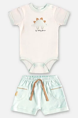 Conjunto para Bebê Masculino com Body Manga Curta Branco com Dinossauro e Short Listrado Azul e Branco Up Baby