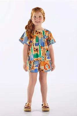 Conjunto Infantil Feminino com Bata e Short em Meia Malha Estampada de Bichinhos Up Baby