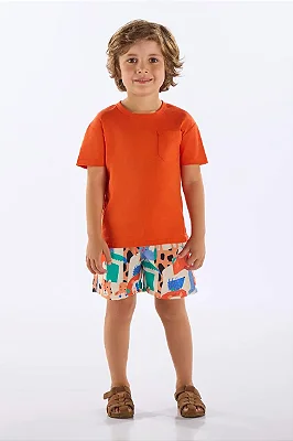 Conjunto Infantil Masculino com Camiseta Laranja e Short de MicroFibra Estampado com Bichinhos Up Baby