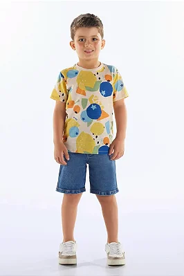Camiseta Manga Curta para Menino em Malha Flamê com Estampa Abstrata Colorida Up Baby