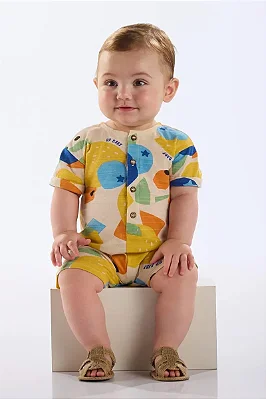Macaquinho para Bebê Masculino em Malha Flamê com Estampa Abstrata Colorida Up Baby