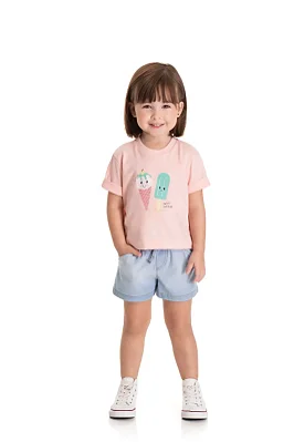 Camiseta Infantil Feminina em Meia Malha Salmão Estampa Sorvetes TMX
