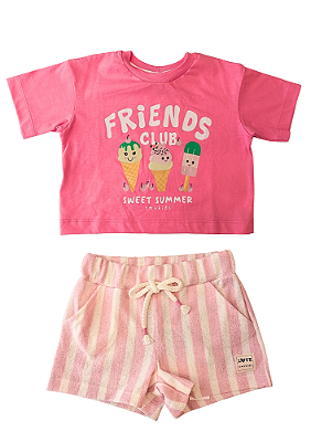 Conjunto Infantil Feminino com Cropped Oversized Rosa e Short em Moletinho Eco Listrado Rosa e Cru TMX