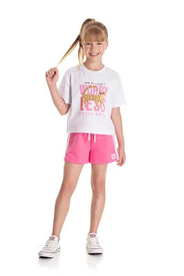 Conjunto Infantil Feminino com Cropped Branca Oversized e Short Rosa em Moletinho TMX