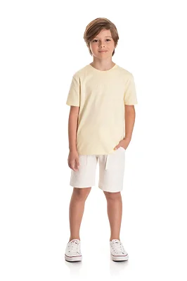 Conjunto Infantil Masculino com Camiseta Amarela e Bermuda em Moletinho Eco Cru TMX