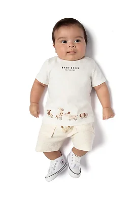 Conjunto para Bebê Menino com Camiseta Offwhite Cachorrinhos e Bermuda em Moletinho Eco Cru TMX