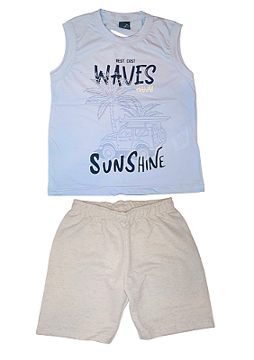 Conjunto Infantil Masculino com Regata Azul Claro e Bermuda em Moletinho Preta TMX