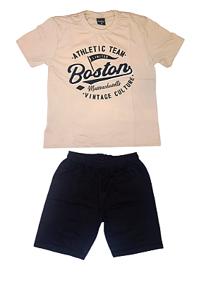 Conjunto Infantil Masculino com Camiseta Bege e Bermuda em Moletinho Preta TMX