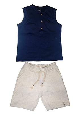 Conjunto Infantil Masculino com Regata Machão marinho com Botões e Bermuda em Moletinho com Linho Cru TMX