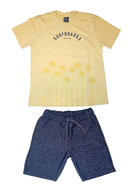 Conujunto Infantil Masculino com Camiseta Amarela Surfboard e Bermuda em Moletinho tipo Jeans TMX