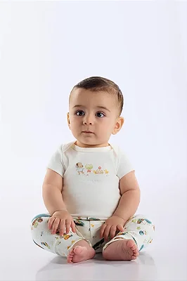 Body para Bebê Menino em Suedine Offwhite Liso Estampado com Bichinhos na Lagoa Up Baby