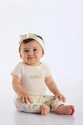 Body para Bebê Menina em Suedine Offwhite Lisa Estampada com Dinossauros Up Baby