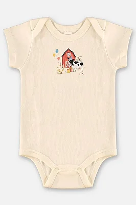 Body para Bebê Menino Bege em Suedine Lisa Estampada com Bichinhos na Fazenda Up Baby