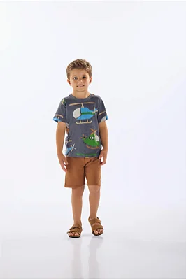Conjunto Infantil Masculino com Camiseta Meia Malha Estampada com Helicópteros e Bermuda Marrom em Moletinho Up Baby