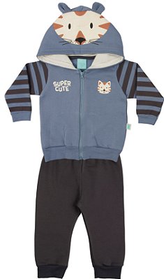 Conjunto de Moletom para Bebê com Jaqueta de Capuz Azul e Calça Cinza Kiko e Kika