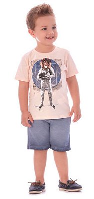 Conjunto Infantil com Camiseta Salmão e Bermuda de Moletom Azul Up Baby