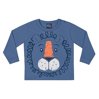 Blusa Manga Longa Bebê Menino Estampa Leão Kiko Azul Kiko e Kika