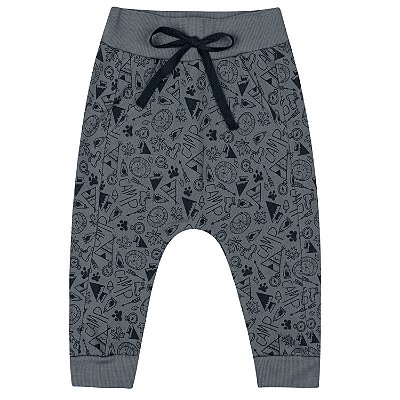 Calça Cinza para Bebê em Moletom Tipo Saruel Estampa Minimalista Kiko e Kika