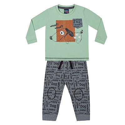 Conjunto para Bebê com Blusa Manga Longa Verde e Calça Moletom Estampada Cinza Kiko e Kika