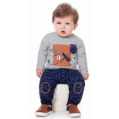 Conjunto para Bebê com Blusa Manga Longa Cinza Cachorrinho e Calça Moletom Estampada Azul Kiko e Kika
