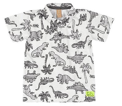 Camisa Polo Infantil Branca com Estampa Dinossauro em Malha Up Baby