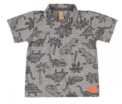 Camisa Polo Infantil com Estampa Dinossauro em Malha Cinza Up Baby