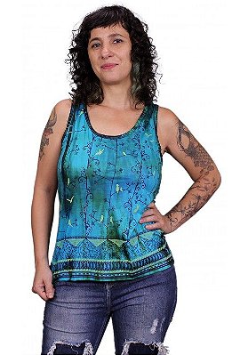 Regata Indiana Feminina Pássaros Tie-Dye Turquesa