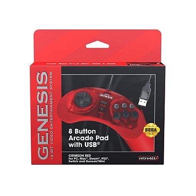 Controle Retro-Bit USB 8-Button Arcade Sega Genesis Mini Vermelho