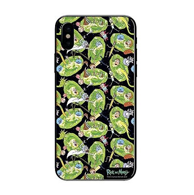 Capa Case Preta Celular Iphone X e Xs Portais Rick And Morty