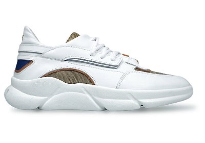 Tênis Sneakers Masculino Couro Branco Com Tela Caramelo Barcelona Design | Brooklyn Bull