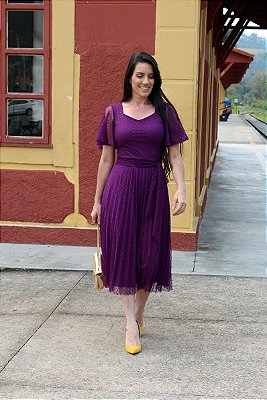 Vestido Midi Plissado Tule Roxo