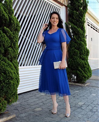 Vestido Midi Plissado Tule Azul Royal