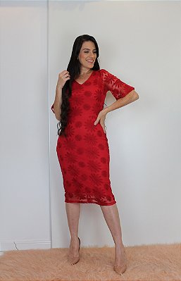 Vestido Tubinho Vermelho com Bordado