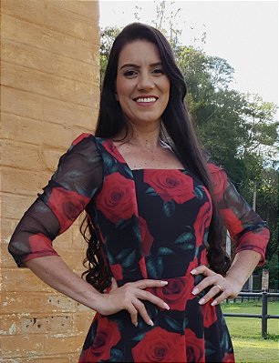 Vestido Tule Flores Vermelhas
