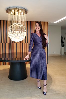 Vestido Plissado Azul Marinho Brilho
