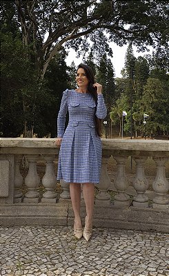 Vestido Com Pregas Tweed Azul Jeans