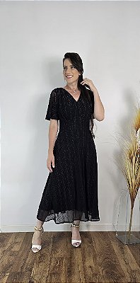 Vestido Maxi Midi Tule Preto com Brilho