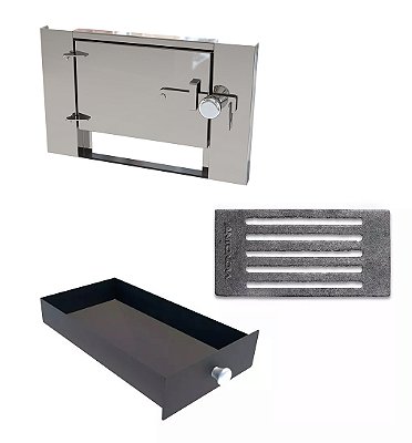 Kit Porta Inox + Cinzeiro + Grelha / Para Fogão A Lenha de Alvenaria