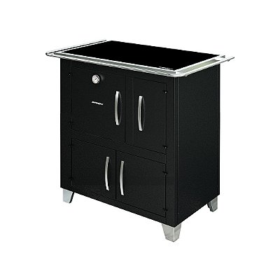 Fogão a Lenha Montreal / Chapa Vitrocerâmica / Tripla Combustão / Preto com Inox / Esquerdo