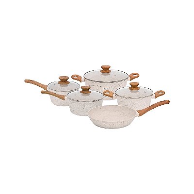 Conjunto de Panelas — 5 Peças — Revestimento Cerâmico — Fundo Triplo — Cook Mármol — Mimo Style