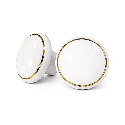 Kit 10 Puxadores Cerâmicos — Porcelana — Branco — Filete Dourado