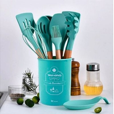 Kit de Utensílios p/ Cozinha em Silicone e Bambu 12 Peças