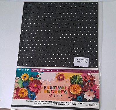 PAPEL DECOR  A4 210X297 COLOR PLUS PRETO BOLINHA BRANCO180G C/ 10 FLS