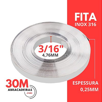 Fita de Aço Inox 316 Lisa, Largura: 3/16'' (4,76mm) x 0,25mm, Rolo com 30m