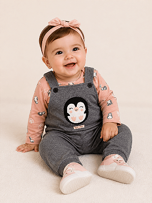 Jardineira de Bebê Longa c/Blusa de Pinguim da Nini Bambini