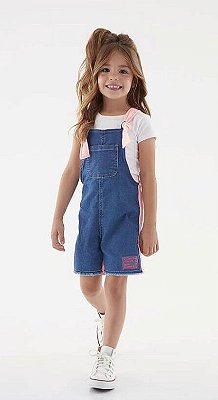 Jardineira Infantil Malha em Jeans com Pink Neon Up Baby